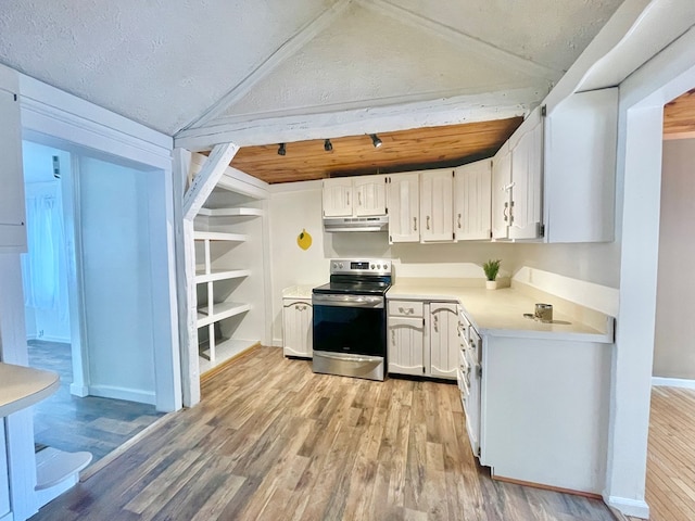 114 Elsbree St, Sayre, PA 18840 - kitchen featuring electric stove, under cabinet range hood, light countertops, light wood-type flooring, and white cabinets