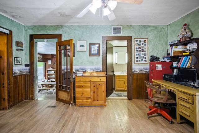2779 Stony Fork Rd, Wellsboro, PA 16901 - office area with light wood-style floors, ceiling fan, a sink, and a wainscoted wall