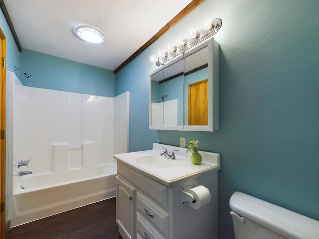 full bathroom featuring vanity, toilet, shower / bath combination, and wood-type flooring