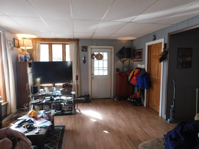 living room featuring hardwood / wood-style floors and a paneled ceiling