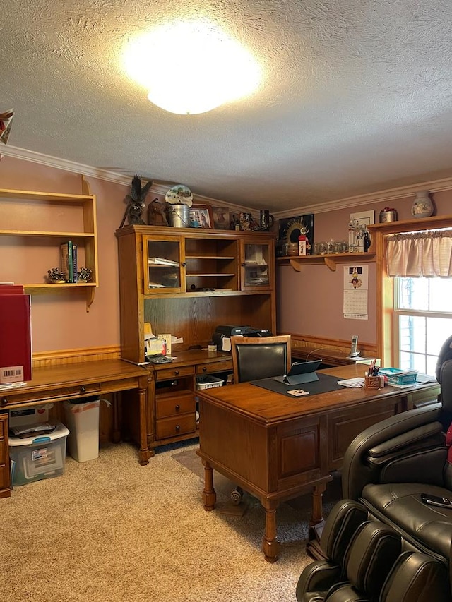 office space with wooden walls, a textured ceiling, light colored carpet, and crown molding