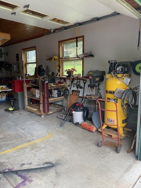 garage featuring a workshop area