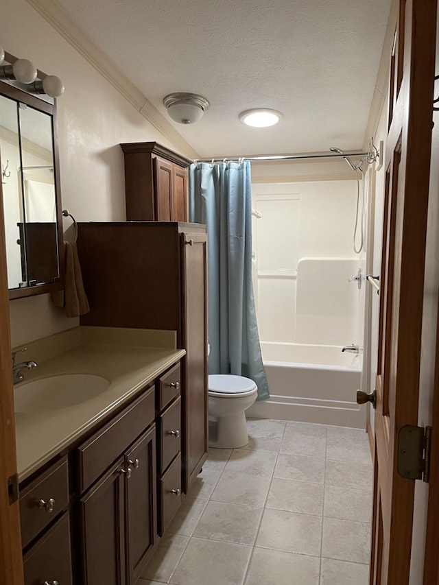 full bathroom with shower / bath combination with curtain, vanity, crown molding, tile patterned flooring, and toilet