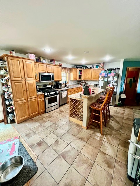 19 Angel Trl, Duke Center, PA 16729 - kitchen with stainless steel appliances, light countertops, a center island, a breakfast bar, and glass insert cabinets
