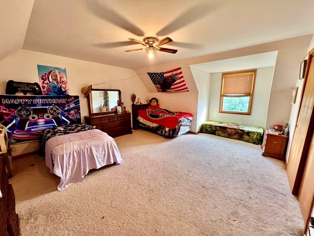 19 Angel Trl, Duke Center, PA 16729 - bedroom featuring carpet, lofted ceiling, and a ceiling fan