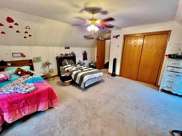 19 Angel Trl, Duke Center, PA 16729 - bedroom featuring vaulted ceiling, carpet floors, ceiling fan, a closet, and a textured ceiling