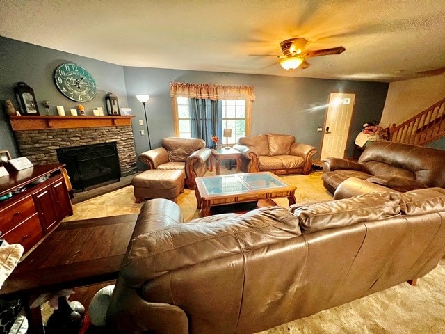 19 Angel Trl, Duke Center, PA 16729 - living area with ceiling fan and a stone fireplace