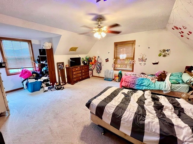 19 Angel Trl, Duke Center, PA 16729 - carpeted bedroom featuring vaulted ceiling, a textured ceiling, and ceiling fan