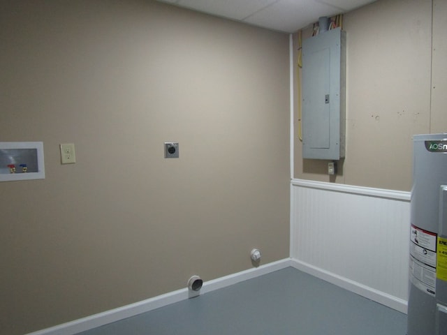 clothes washing area featuring electric dryer hookup, hookup for a washing machine, electric panel, and water heater