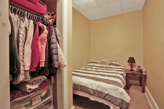 bedroom with carpet and a paneled ceiling