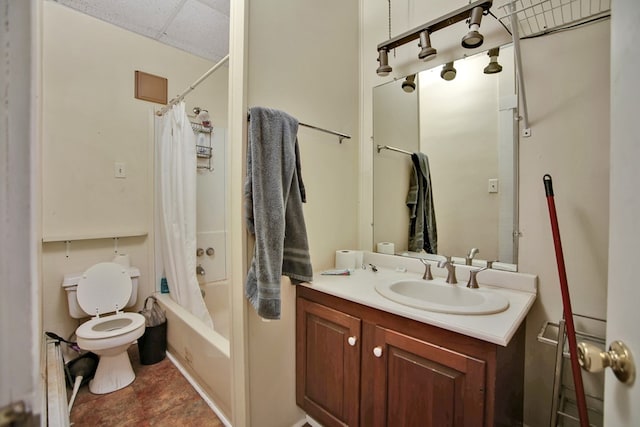 full bathroom with shower / bath combo, vanity, and toilet