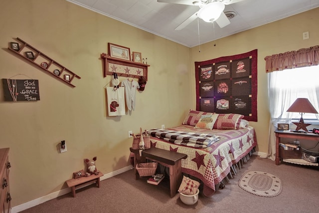 bedroom with carpet, crown molding, and ceiling fan