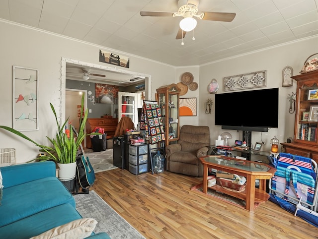 4 Pine St, Waverly, NY 14892 - living room featuring ceiling fan, crown molding, and wood finished floors