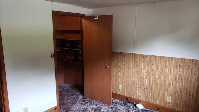 interior space featuring wood walls and dark colored carpet