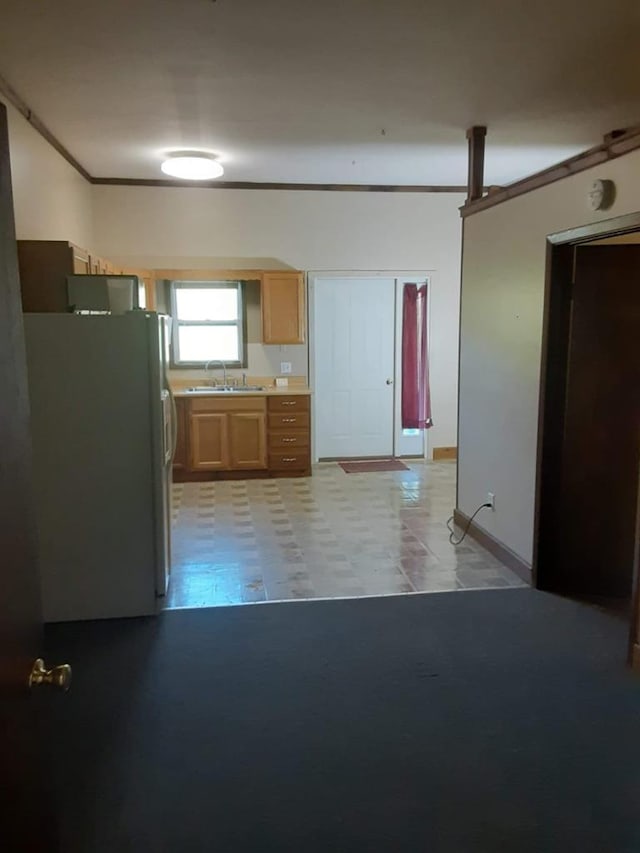 kitchen with sink, white fridge, and ornamental molding