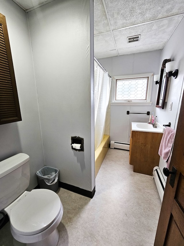 full bathroom with vanity, toilet, shower / bathtub combination with curtain, and a baseboard radiator