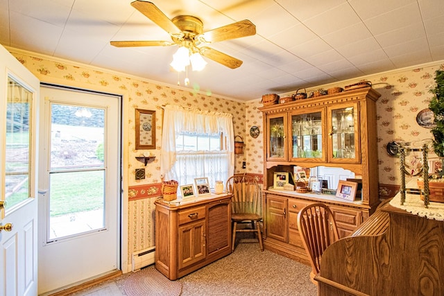 interior space with crown molding, a healthy amount of sunlight, and a baseboard heating unit