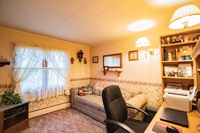 office with ornamental molding, light carpet, and a baseboard heating unit