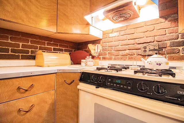 details featuring white range with gas stovetop and exhaust hood