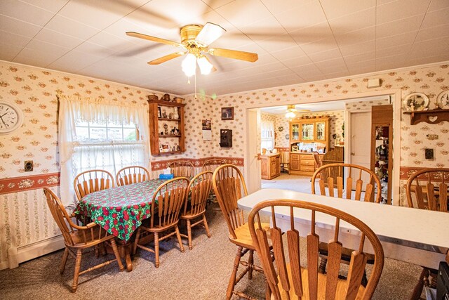 dining room featuring carpet floors, a baseboard radiator, ceiling fan, and crown molding