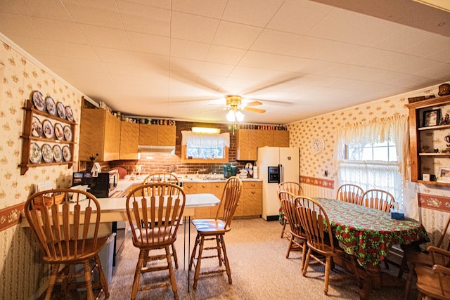 carpeted dining area with ceiling fan and crown molding