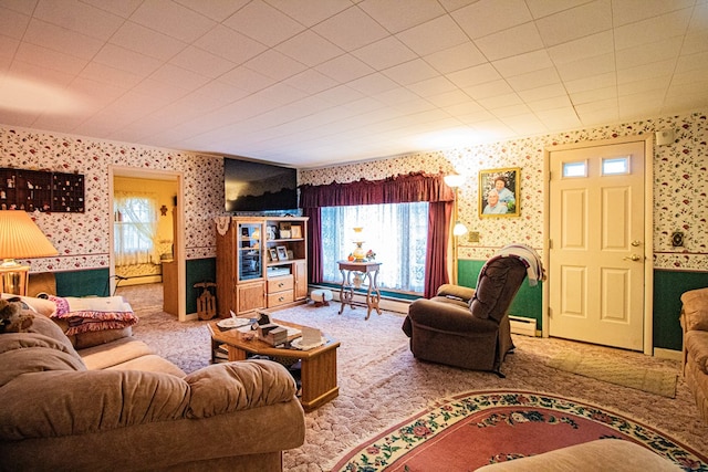 living room featuring carpet floors and a baseboard heating unit