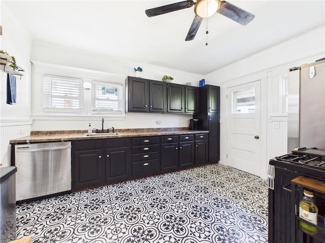 1010 W Main St, Smethport, PA 16749 - kitchen with stainless steel dishwasher, range with gas stovetop, ceiling fan, crown molding, and dark cabinets