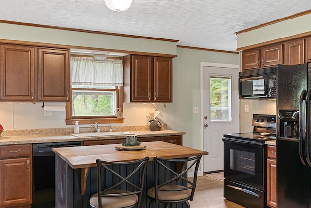 118 Milton Ln, Warren Center, PA 18851 - kitchen featuring black appliances, a sink, light wood-type flooring, butcher block countertops, and ornamental molding