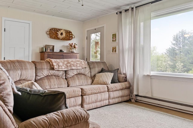 118 Milton Ln, Warren Center, PA 18851 - living area with wood finished floors, healthy amount of natural light, a baseboard radiator, wood ceiling, and ornamental molding