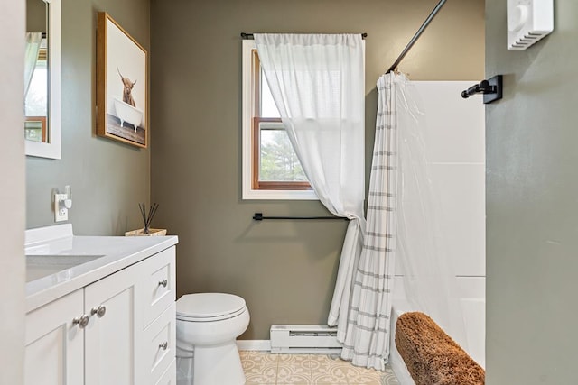 118 Milton Ln, Warren Center, PA 18851 - full bath featuring baseboard heating, toilet, vanity, shower / bath combination with curtain, and baseboards