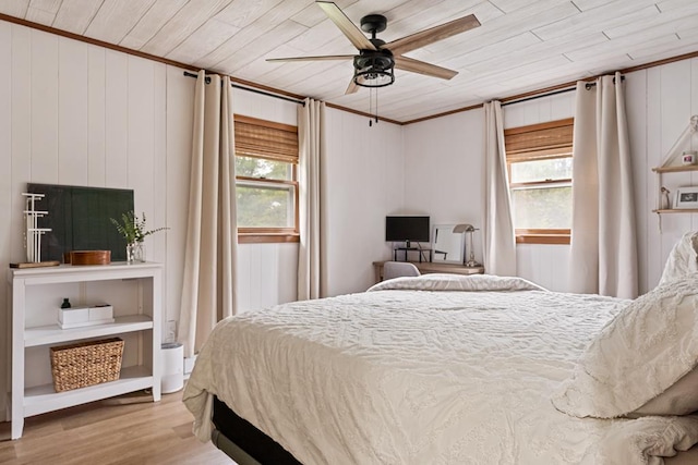 118 Milton Ln, Warren Center, PA 18851 - bedroom with wood ceiling, wood finished floors, ornamental molding, and ceiling fan