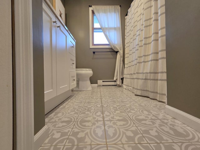 118 Milton Ln, Warren Center, PA 18851 - bathroom with baseboards, baseboard heating, toilet, and a shower with curtain