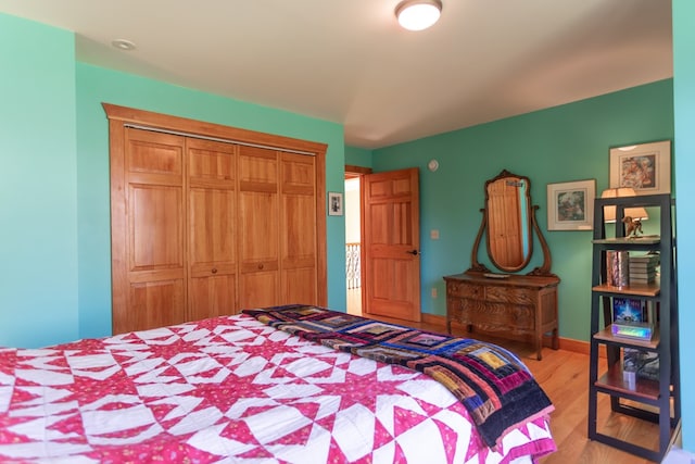 bedroom featuring hardwood / wood-style floors and a closet