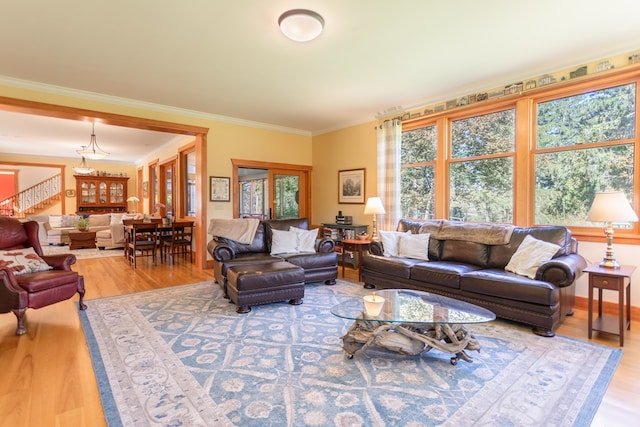 living room with wood-type flooring and ornamental molding