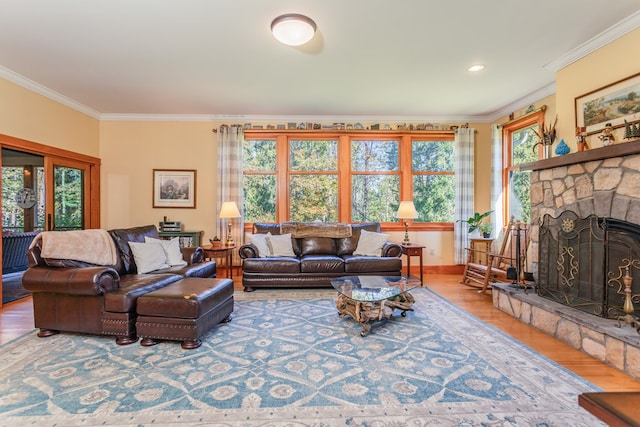 living room featuring a stone fireplace, hardwood / wood-style floors, a healthy amount of sunlight, and ornamental molding