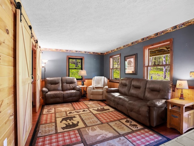 543 Drybrook Rd, Waverly, NY 14892 - living area with a barn door, a textured ceiling, a wainscoted wall, wood finished floors, and wood walls