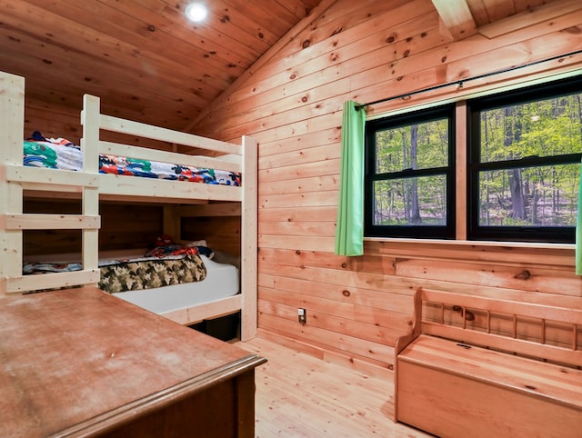 543 Drybrook Rd, Waverly, NY 14892 - bedroom with lofted ceiling, wooden walls, a sauna, wood ceiling, and recessed lighting