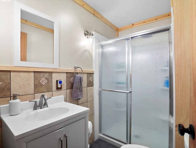 543 Drybrook Rd, Waverly, NY 14892 - full bathroom featuring tile walls, a stall shower, toilet, and vanity
