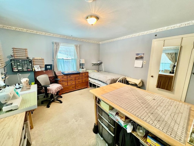 bedroom featuring light colored carpet