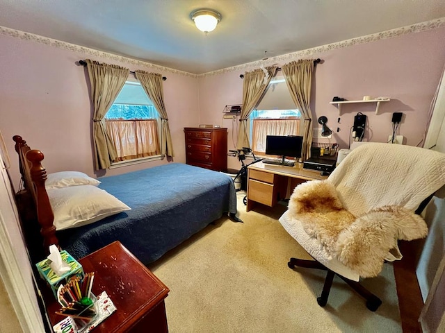 bedroom featuring light colored carpet