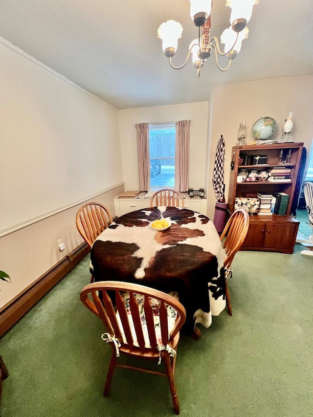 carpeted dining room featuring a chandelier