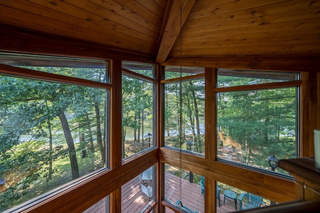 unfurnished sunroom featuring wood ceiling and lofted ceiling with beams