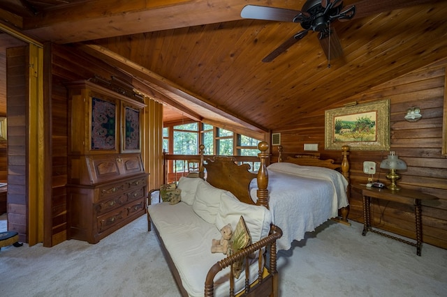 bedroom featuring wood walls, light carpet, lofted ceiling with beams, ceiling fan, and wood ceiling