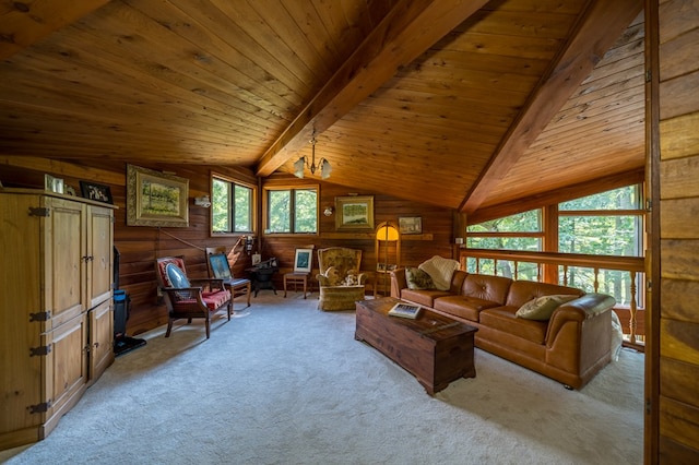 living room featuring a notable chandelier, vaulted ceiling with beams, wooden ceiling, and wooden walls