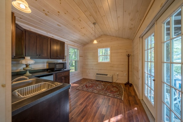 kitchen featuring lofted ceiling, wooden ceiling, wooden walls, dark hardwood / wood-style floors, and dark brown cabinets