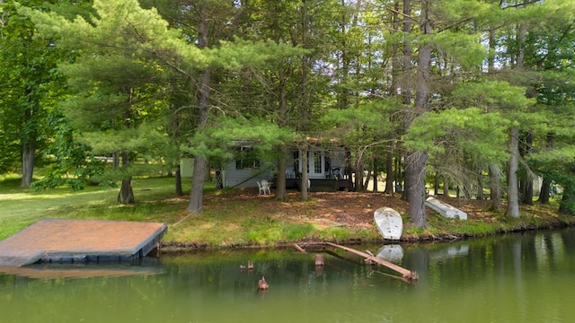 exterior space with a water view