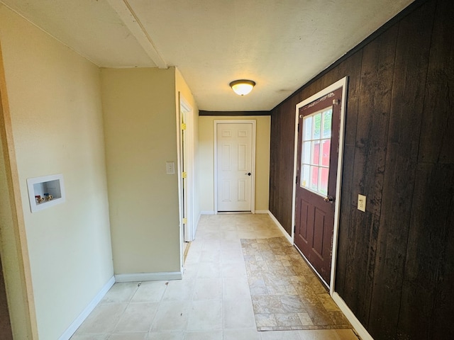 96 E St, Towanda, PA 18848 - doorway to outside featuring wood walls, baseboards, and light floors