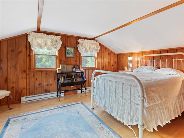 bedroom featuring lofted ceiling with beams, light hardwood / wood-style floors, an inviting chandelier, and wood walls