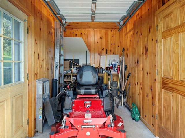 garage with wood walls