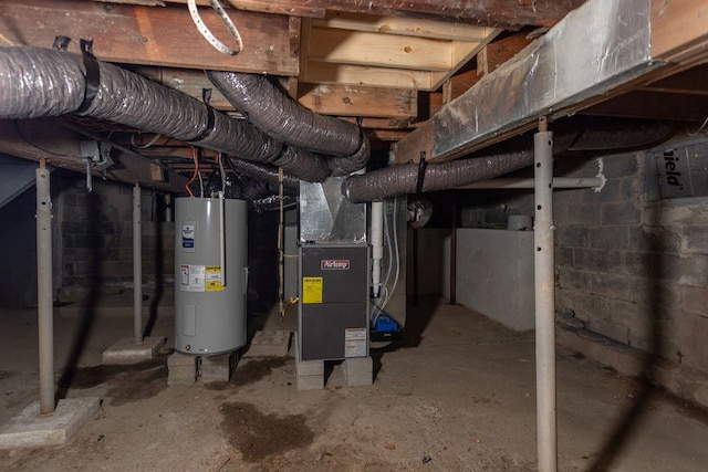 basement with electric water heater and heating unit